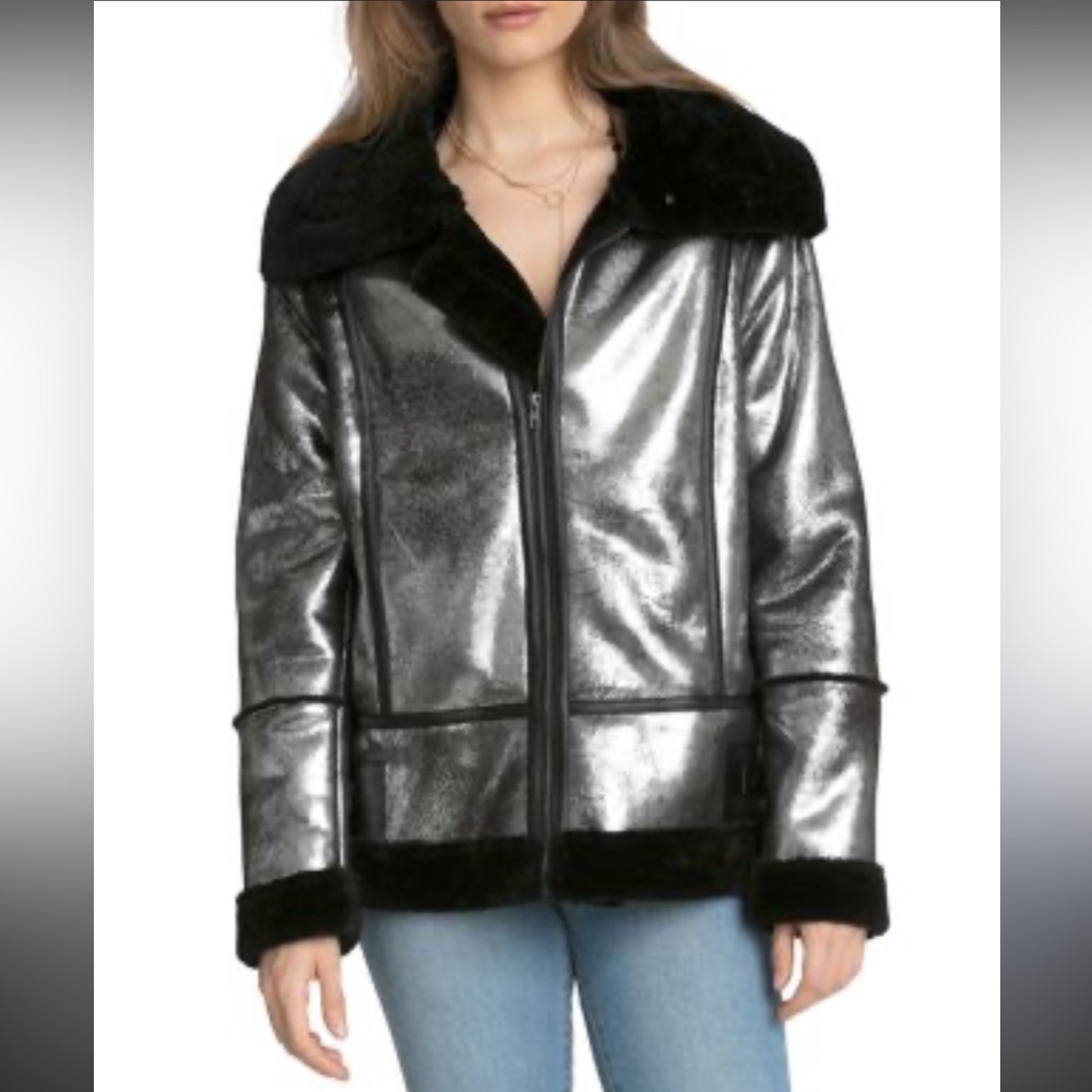 Avec Les Filles Silver Faux Leather Shearling Biker Jacket Womens NWOT‎ Moto